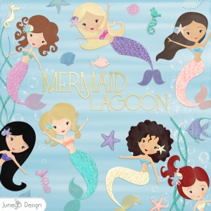 Mermaid Clip Art, Mermaid Lagoon Clipart, Under the Sea Graphics, Mermaid Scrapbook Ocean, Fish and Starfish Clip Art