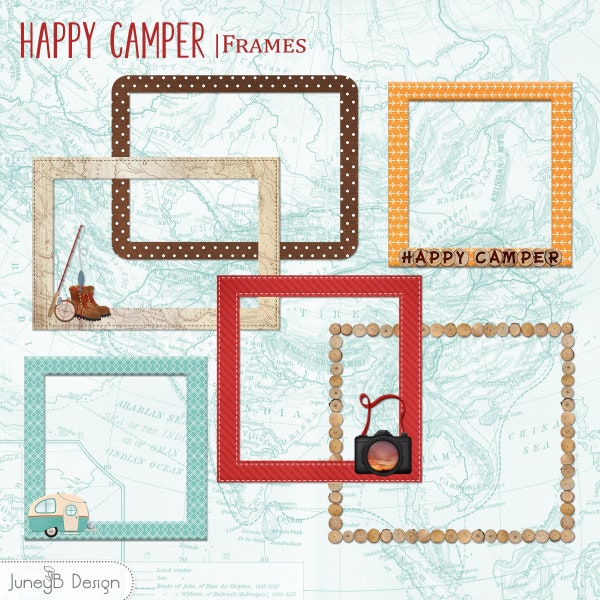 Happy Camper Frames, Frames Clip Art, Camping Photo Frames, Digital Scrapbook Frames, Patterned Frames