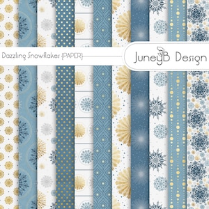 Blue and Gold Snowflake Scrapbook Paper, Digital Lacey Snowflake Patterns, Winter Scrapbook Paper