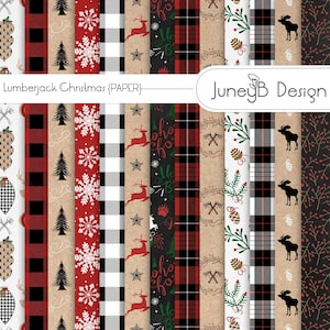 Lumberjack Christmas Digital Scrapbook Paper, Woodsy Christmas Paper with Red and Black Buffalo Plaid, Reindeer, Bears and Trees