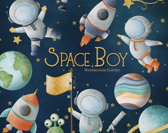 Watercolor Space Clipart | Space Boy | Boy Astronaut Clip Art | Little Space Clipart | Planets Watercolor | Watercolor Moon