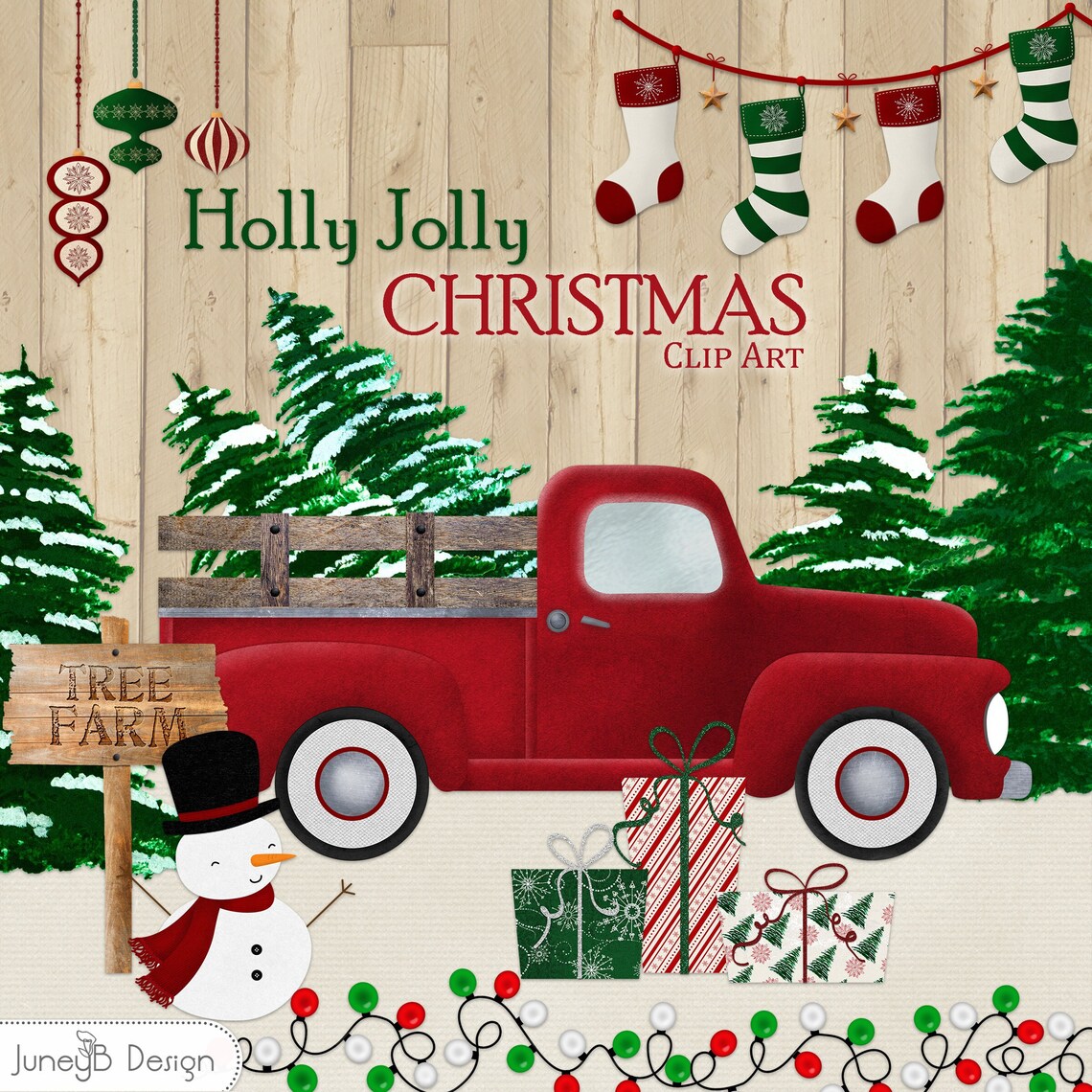 Christmas Clip Art Winter Clipart Red Truck Clipart Tree - Etsy