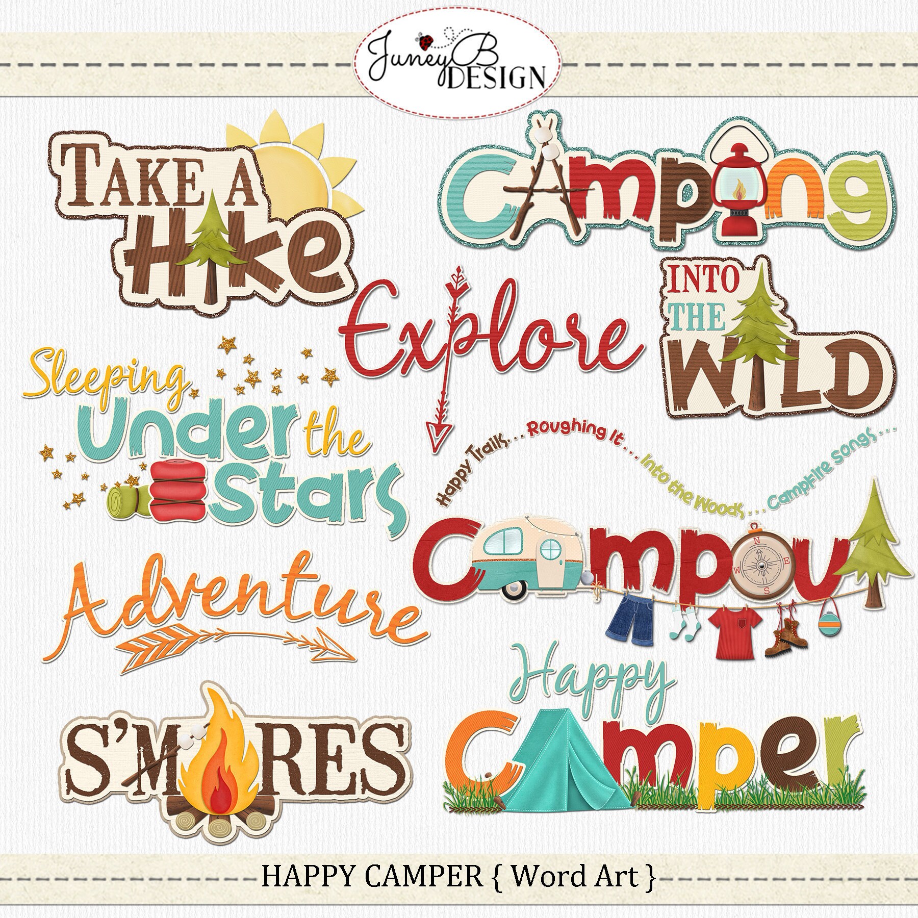happy camper word art camping word art scrapbook stickers etsy