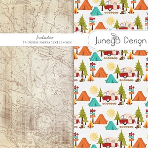 Happy Camper Digital Scrapbook Paper, Camping Paper, Woodland Digital Paper, Outdoor Paper Pack, Camping Background image 2