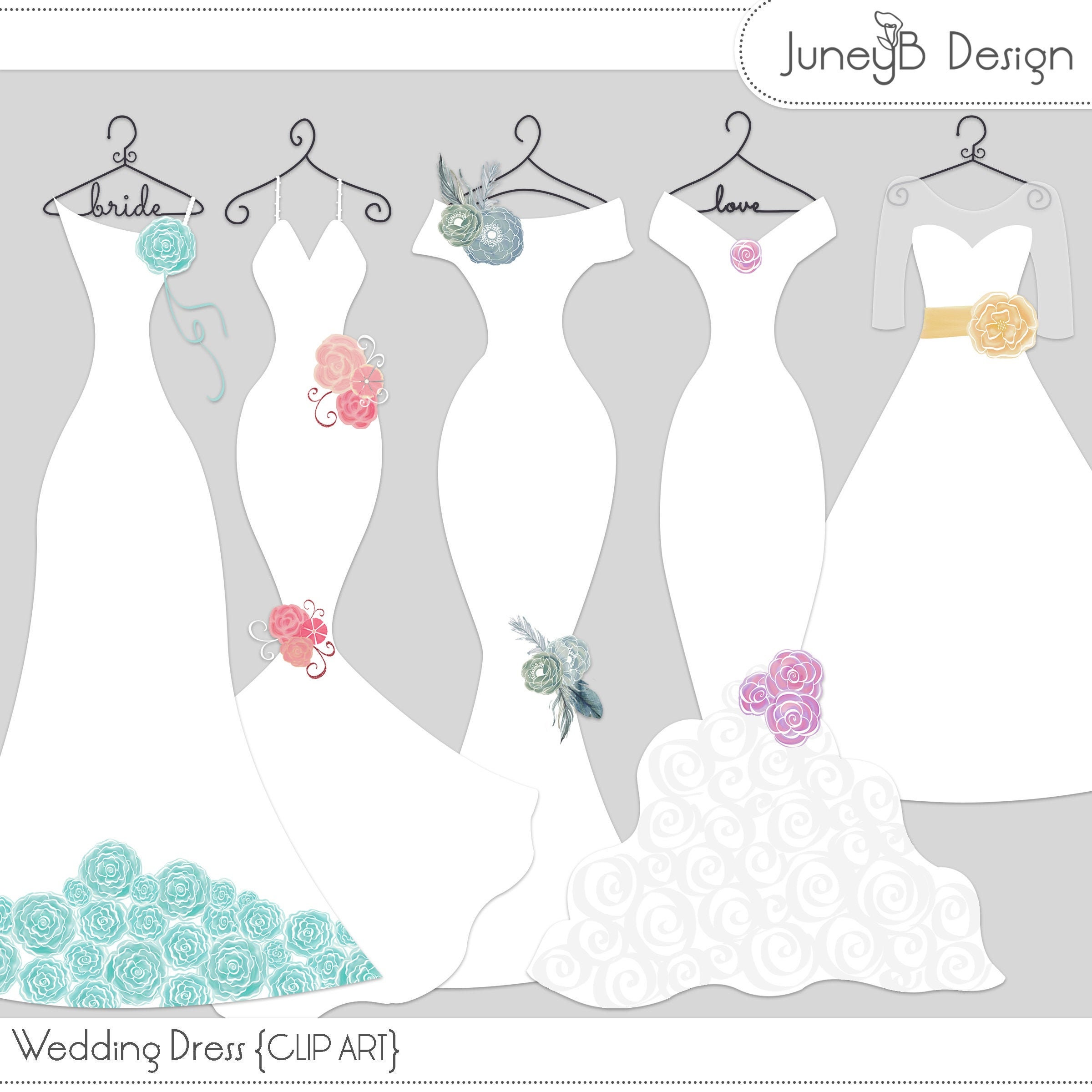 Wedding Dress Clipart, White Dresses With Spring Flowers, Wedding Clipart, Watercolor Flower