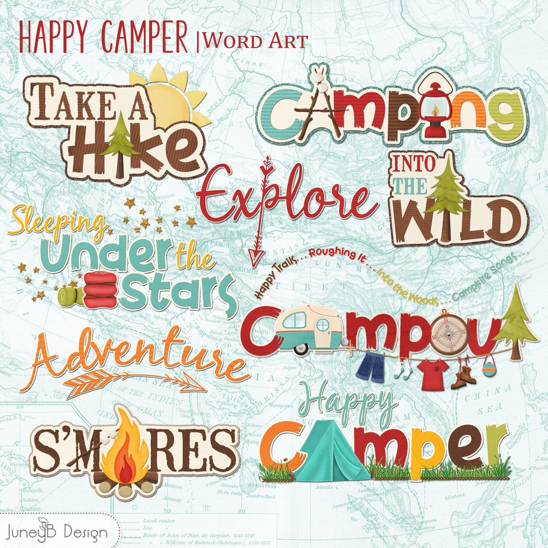 Happy Camper Word Art, Camping Word Art, Scrapbook Stickers, Into the