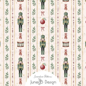May include: A seamless digital pattern on a pale pink background featuring vertical stripes, green nutcracker figures, red ornaments, drums, and sprigs of green leaves. The design includes small red bows and gold star accents throughout the repeating print.