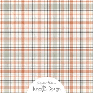 May include: A seamless plaid pattern featuring intersecting lines in shades of burnt orange, sage green, charcoal gray, and white. The design includes a white circular overlay at the bottom containing the text Seamless Pattern JuneyB Design.