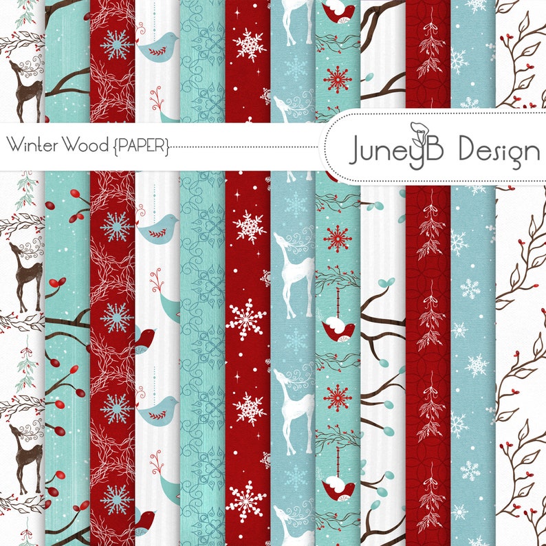 Winter Wood Digital Christmas Scrapbook Paper, Winter Berry Branches Paper, Christmas Patterns, Winter Wonderland image 1