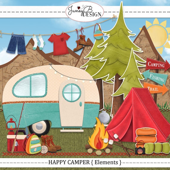 Happy Camper Clip Art Digital Scrapbook Camping Elements | Etsy