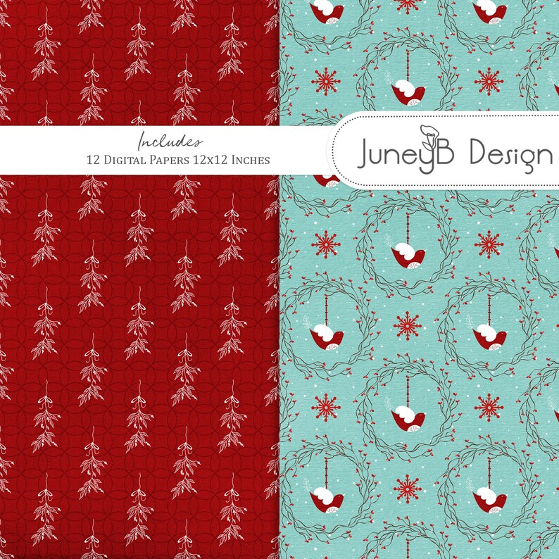 Winter Wood Digital Christmas Scrapbook Paper, Winter Berry Branches Paper, Christmas Patterns, Winter Wonderland image 2