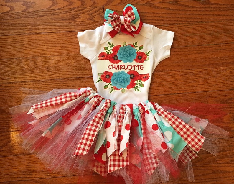 turquoise and red floral skirt Girls Birthday outfit personalized shirt poppy outfit 1st birthday party Girl First Birthday smash cake