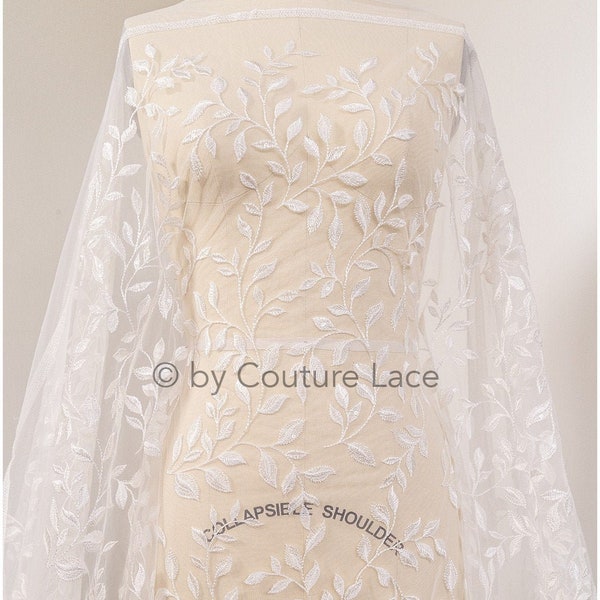 L19-002 // Leaf lace fabric, small leaf rank lace, bridal lace fabric with leafs, sequin leafdesign lace, off-white lace fabric with sequins