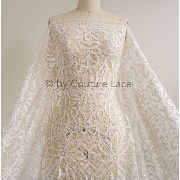 L19-294 / weißer Baumwoll-Boho-Spitzenstoff für Hochzeitskleid, Spitzenstoff für Boho-Bräute, belgische inspirierte Spitze, Boho Hochzeitskleid Spitze