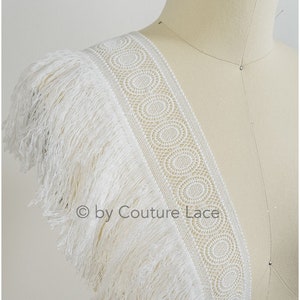 T20-113 // Fringe lace trim with boho pattern, off-white crochet fringe lace trim