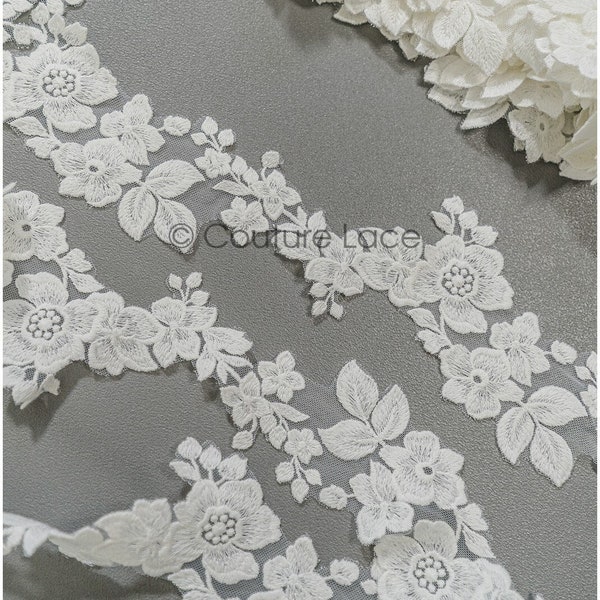 T21-143 //Romantic floral lace trim, Wedding lace trim, Bolero lace, wide embroidered lace trim, elegant bridal lace trim, blossom lace trim