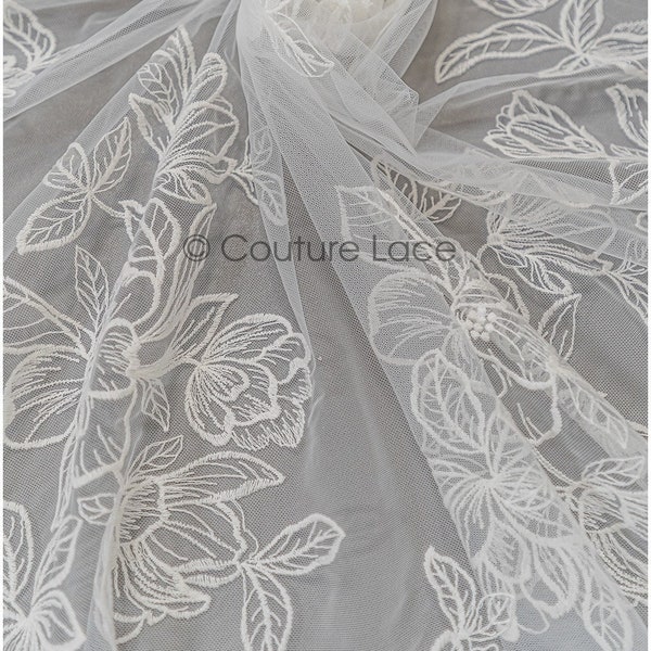 L21-045 // Magnolia flower lace fabric, cotton embroidered flower lace, wedding dress lace, soft magnolia lace fabric, bridal lace fabric
