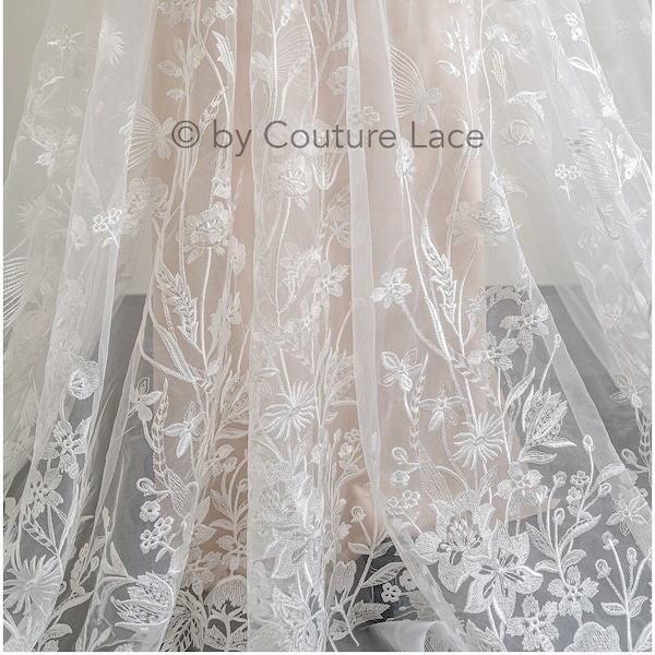 L22-521 // Romantic wildflower lace fabric, wild flower embroidery lace, wedding dress lace with sequins and flower pattern