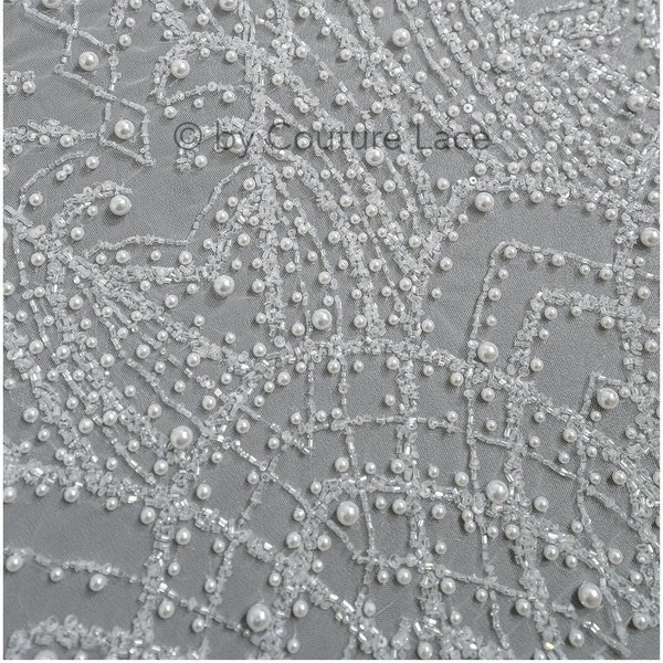 Heavy beaded geometric lace fabric, couture lace fabric with beads and pearls, heavy handmade pearl lace / L23-527