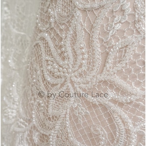 Beaded lace fabric/ offwhite couture lace fabric/ bridal lace fabric/ pearl beaded lace// L22-516
