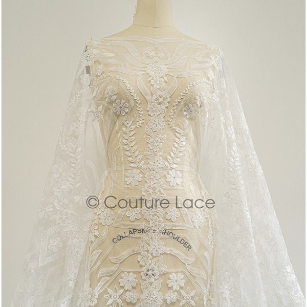 L21-097C // Modern geometric flower lace, cotton embroidered flower lace, wedding dress lace, soft boho lace fabric, bridal lace fabric