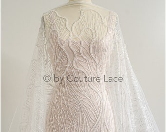 Tejido de encaje blanco con cuentas/encaje para vestido de novia con cuentas en color blanquecino/tejido de encaje de alta costura/encaje con cuentas de perlas// L22-513