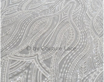 L19-021 // Beaded bridal lace fabric, Beaded wave lace fabric, wedding dress lace with beads and sequins, waved and stripe lace fabric