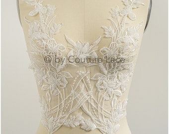 beaded flower applique/ beaded bridal patch/ wedding dress lace appliqué/ bridal leaf patch applique/ A23-318