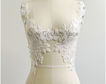 A22-299 // romantic beaded flower lace patch/ cotton flower applique/ wedding dress lace appliqué/ bridal flower applique