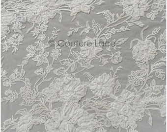 3D Flower lace fabric/ bridal french lace fabric/ romantic floral lace fabric with 3D flowers/ wedding lace fabric// L22-219B