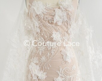 Dentelle fleurie 3D/ dentelle française pour mariée/ dentelle florale romantique avec fleurs 3D/ dentelle mariage// L24-682