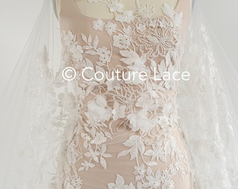 3D Flower lace fabric/ bridal lace fabric/ romantic lace fabric with 3D flowers & beads/ wedding lace fabric// L24-705