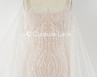 Beaded lace fabric/ white couture lace fabric/ off-white bridal lace fabric/ pearl beaded lace// L24-674