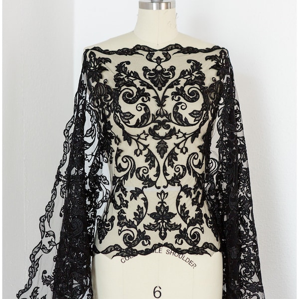 T17-063 // BLACK lace trim for evening dress, embroidered lace trim black, soft lace border, lace border for black veil
