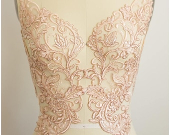A17-065 // 2 apliques de flores de encaje espejados grandes en ORO ROSADO, Flor de encaje, Encaje para vestido de novia, Parche de encaje, Aplique para vestido de novia, Encaje dorado