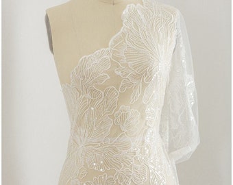 L17-022 // Fine Sequin lace, very soft sequin tulle fabric for bridal dresses, very sparkle, Off-White lace sequin mesh, Big Flower lace