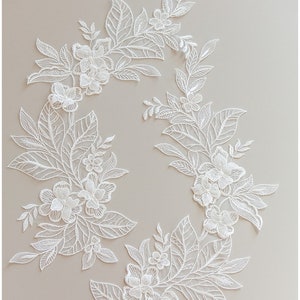 A17-129 // 2pc. 3D mirrored Wedding dress appliqué, Large lace Applique, Flower appliqué, large Lace Flower, Illusion Back Lace, Lace patch