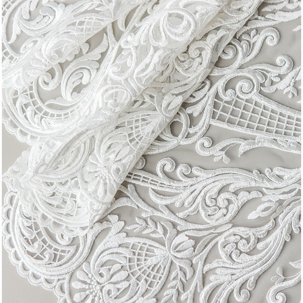 L17-180 // Heavy embroidered bridal lace fabric, Bridal dress fabric, Wedding dress tulle, Flower lace, Corded lace fabric, ornate lace