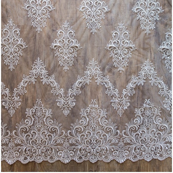 L17-057 // heavy embroidered bridal lace fabric with ornate design pattern, bridal ornate lace, bridal couture lace off-white