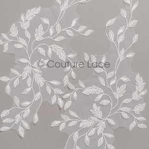 May include: White embroidered lace applique with a delicate floral design featuring leaves and branches. The lace is on a sheer background.