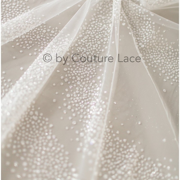 R21-023 // Tissu tulle pailleté doux et de haute qualité à pois et motif ondulé poussière d'étoiles pour robe de mariée