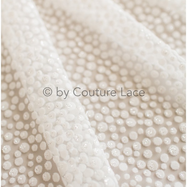 Gradient shiny polka dot flock fabric/ glitter fabric with flock/ elegant mesh tulle lace fabric/ off-white bridal tulle fabric// R21-017
