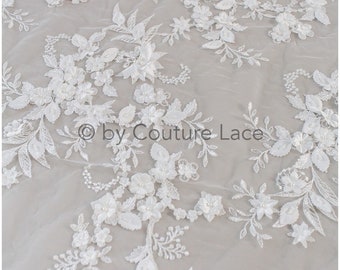 3D Blumen Spitzenstoff/ Braut Spitzenstoff/ romantischer Blumen Spitzenstoff mit 3D Blumen/ Hochzeit Spitzenstoff// L19-210