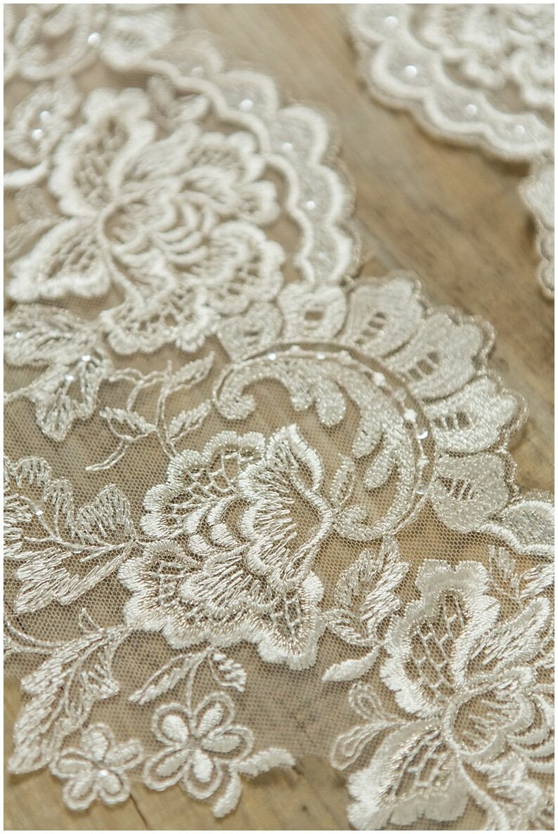 Wedding dress lace trim - Flower Lace Trim lace Applique Pair = 2 yards totall 2x mirrored IVORY SILVER Lace Trim T17-018