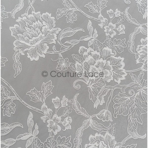 L21-029N // Romantic flower lace fabric, cotton embroidered flower lace, wedding dress lace, big rose lace fabric, bridal lace fabric