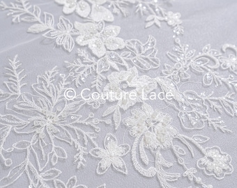 Tela de encaje con cuentas/tela de encaje de alta costura blanca/tela de encaje de novia en color blanquecino/encaje con cuentas de perlas// L24-689