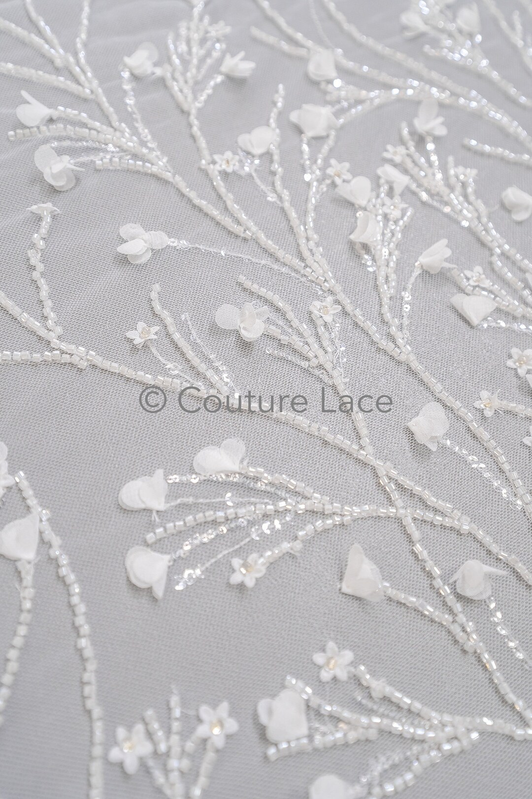 3d Flower Beaded Lace Fabric/ Couture Lace Fabric With Pearls, Beads