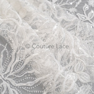 LL-1445, Lovely beaded lace fabric with wave design in off-white color main image 0
