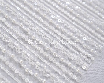 Tela de encaje con cuentas/tela de encaje de alta costura blanca/tela de encaje de novia en color blanquecino/encaje con cuentas de perlas// L24-673