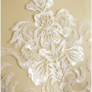 A17-032 // SEQUIN wedding dress appliqué, Flower appliqué, large Lace Flower, IVORY, Illusion Back Lace, flower lace, ornate lace patch